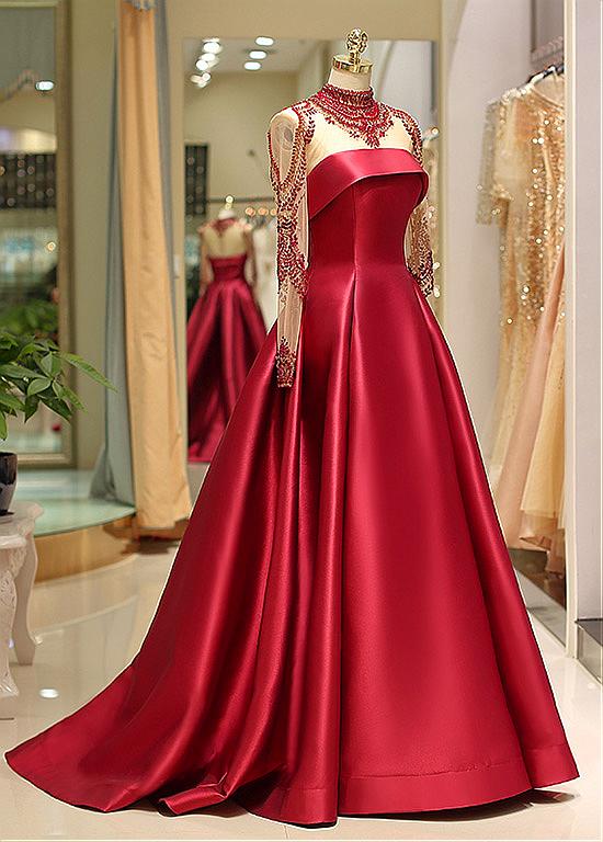 Long Sleeve Prom Dresses High Neck Burgundy Long Prom Dress Satin Even Anna PromDress Long Sleeve Prom Dresses High Neck Burgundy Long Prom Dress Satin Even Anna PromDress