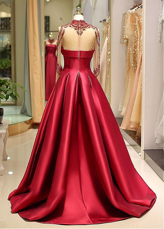 Long Sleeve Prom Dresses High Neck Burgundy Long Prom Dress Satin Even – Anna PromDress Long Sleeve Prom Dresses High Neck Burgundy Long Prom Dress Satin Even – Anna PromDress