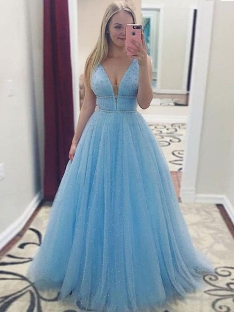 Sparkly Prom Dresses with Straps Long Pearl Beading Prom Dress Sky Blue Evening Dress JKL1532|Annapromdress