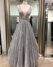 Grey Prom Dresses with Straps Aline Long Open Back Sparkly Lace Prom Dress JKL1533|Annapromdress