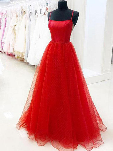 Red Prom Dresses with Straps A-line Polka Dot Lace Sexy Beautiful Prom Dress JKL1537|Annapromdress