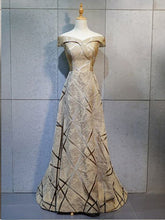 Sparkly Prom Dresses Off-the-shoulder A-line Floor-length Jacquard Long Prom Dress JKL1538|Annapromdress