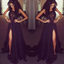 Black Prom Dresses Sexy Scoop Long Appliques Slit Prom Dress/Evening Dress JKL154