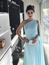 One Shoulder Prom Dresses Aline Long Ruffles Blue Simple Cheap Prom Dress JKL1540|Annapromdress