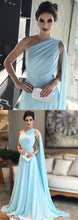 One Shoulder Prom Dresses Aline Long Ruffles Blue Simple Cheap Prom Dress JKL1540|Annapromdress