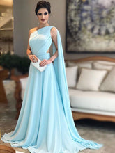 One Shoulder Prom Dresses Aline Long Ruffles Blue Simple Cheap Prom Dress JKL1540|Annapromdress