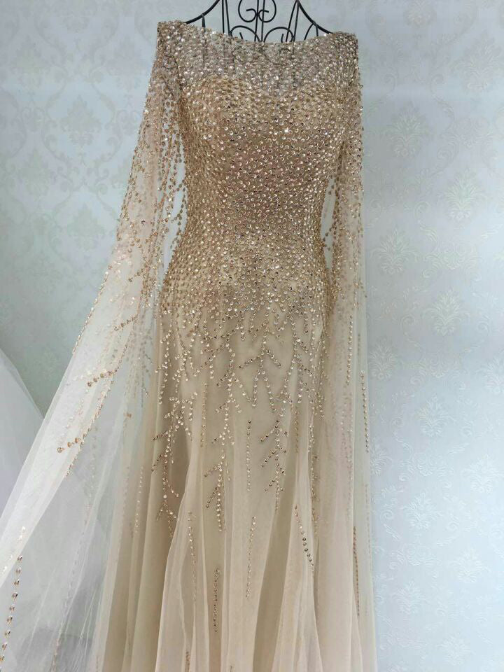 Long Sleeve Prom Dresses A Line Sweep Train Long Beading Sparkly Prom Dress JKL1547|Annapromdress
