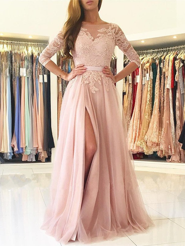 Open Back Prom Dresses Bateau Aline Dusty Rose Prom Dress Lace Evening Dress JKL1549|Annapromdress