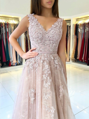 Lace Prom Dresses with Straps V-neck Aline Long Appliques Open Back Prom Dress JKL1550|Annapromdress