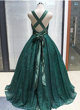 Open Back Prom Dresses V-neck A-line Long Dark Green Prom Dress Sexy Evening Dress JKL1552|Annapromdress