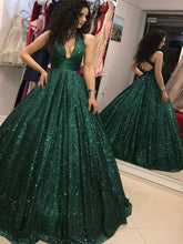 Open Back Prom Dresses V-neck A-line Long Dark Green Prom Dress Sexy Evening Dress JKL1552|Annapromdress