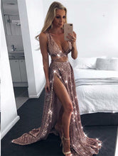 Sexy Prom Dresses Aline V Neck Floor-length Long Deep V Double Slit Prom Dress JKL1553|Annapromdress