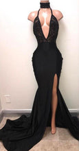 Long Sleeve Prom Dresses with Slit Halter Deep V Mermaid Chic Black Prom Dress JKL1557|Annapromdress