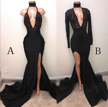 Long Sleeve Prom Dresses with Slit Halter Deep V Mermaid Chic Black Prom Dress JKL1557|Annapromdress