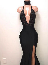 Long Sleeve Prom Dresses with Slit Halter Deep V Mermaid Chic Black Prom Dress JKL1557|Annapromdress