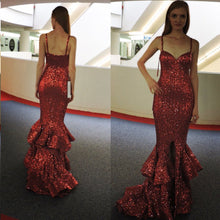 Burgundy Prom Dresses with Straps Sequins Lace Long Sparkly Slit Mermaid Prom Dress JKL1558|Annapromdress