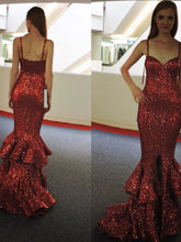Burgundy Prom Dresses with Straps Sequins Lace Long Sparkly Slit Mermaid Prom Dress JKL1558|Annapromdress