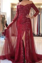 Long Sleeve Prom Dresses Off-the-shoulder Lace Long Beautiful Slit Prom Dress JKL1560|Annapromdress