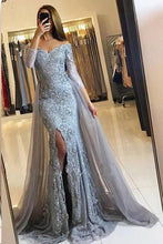 Long Sleeve Prom Dresses Off-the-shoulder Lace Long Beautiful Slit Prom Dress JKL1560|Annapromdress