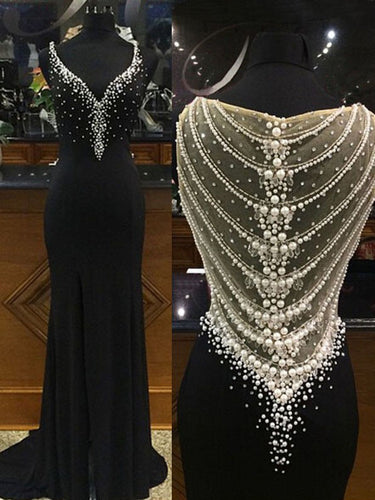 Black Prom Dress Sheath/Column Beading Short Train Sexy Prom Dress/Evening Dress JKL156