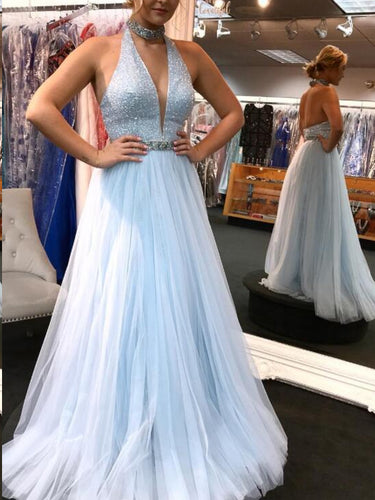 High Neck Prom Dresses Halter A-line Long Open Back Prom Dress Fashion Evening Dress JKL1571|Annapromdress