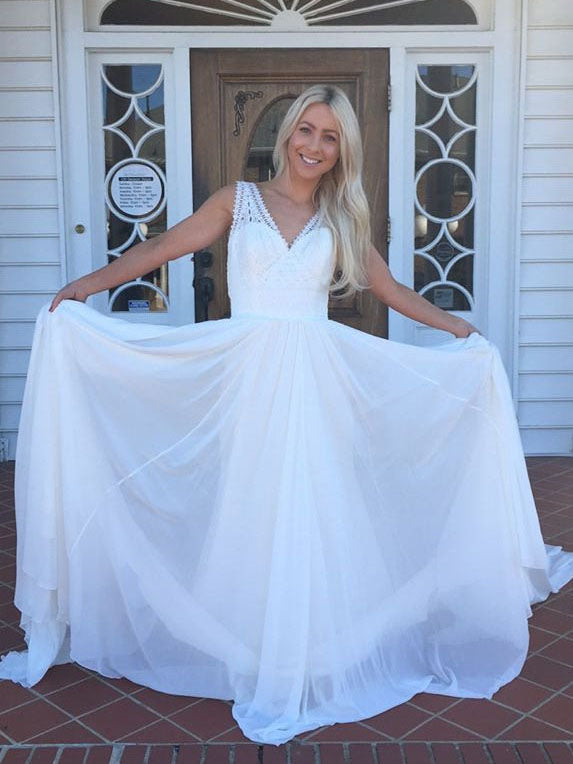 Beautiful Prom Dresses with Straps V-neck A Line Chiffon Long Simple Lace Prom Dress JKL1573|Annapromdress