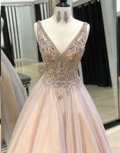 Sparkly Prom Dresses with Straps V-neck A Line Long Beaded Tulle Chic Prom Dress JKL1575|Annapromdress