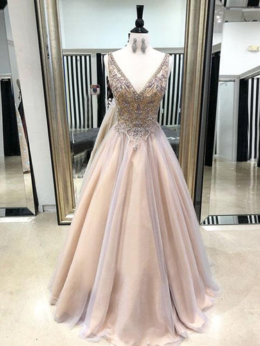 Sparkly Prom Dresses with Straps V-neck A Line Long Beaded Tulle Chic Prom Dress JKL1575|Annapromdress