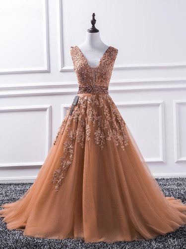 Chic Prom Dresses Aline Straps A-line Sweep Train Appliques Beautiful Prom Dress JKL1576|Annapromdress