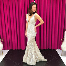 Lace Prom Dresses with Straps Deep V Neck Short Train Open Back Mermaid Prom Dress JKL1578|Annapromdress