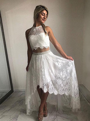 Two Piece Prom Dresses Aline Halter Lace Open Back Simple High-low Prom Dress JKL1579|Annapromdress