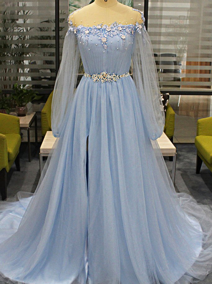 simple prom dresses long sleeve Long Sleeve Prom Dresses Scoop A-line Long Beaded Simple Prom Dress Fa –  Anna PromDress