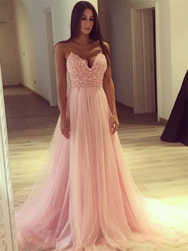 Pink Prom Dresses with Spaghetti Straps Aline V Neck  Appliques Tulle Long Prom Dress JKL1582|Annapromdress