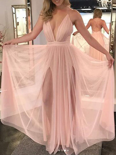 Open Back Prom Dresses with Spaghetti Straps Long Simple Double Slit Sexy Prom Dress JKL1583|Annapromdress