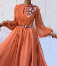 Long Sleeve Prom Dresses A-line Hand-Made Flower Chiffon Prom Dress Long Evening Dress JKL1584|Annapromdress