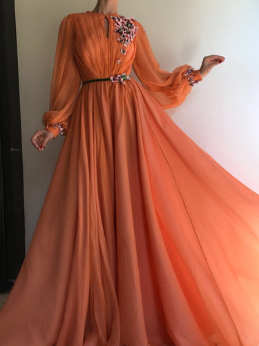 Long Sleeve Prom Dresses A-line Hand-Made Flower Chiffon Prom Dress Long Evening Dress JKL1584|Annapromdress