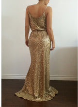 Sparkly Prom Dresses with Slit Aline Spaghetti Straps Deep V Chic Simple Gold Prom Dress JKL1586|Annapromdress