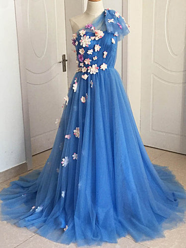 One Shoulder Prom Dresses A-line Long Hand-Made Flower Long Prom Dress Fashion Evening Dress JKL1591|Annapromdress