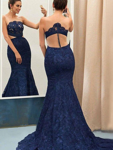 Lace Prom Dresses Mermaid Trumpet Dark Navy Long Beautiful Cheap Prom Dress JKL1592|Annapromdress