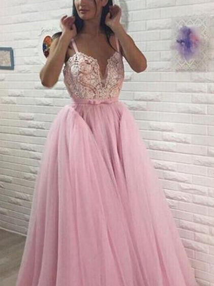 Open Back Prom Dresses with Straps Aline Appliques Long Fairy Pink Prom Dress JKL1596|Annapromdress