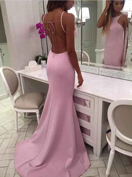 Backless Prom Dresses Mermaid Scoop Sweep Train Pink Simple Open Back Prom Dress JKL1597|Annapromdress