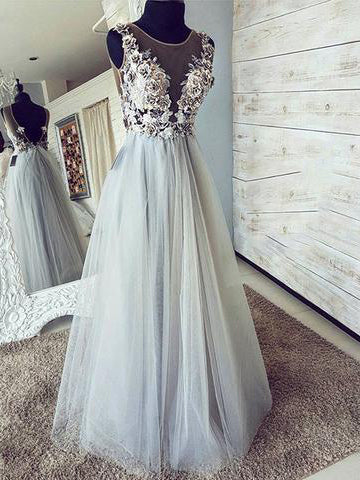 Open Back Prom Dresses Aline Appliques Long See Through Chic Tulle Prom Dress JKL1598|Annapromdress