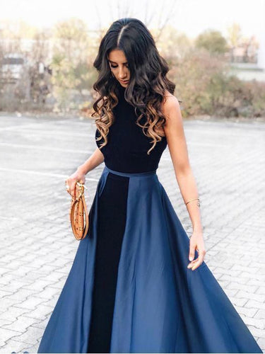 Fashion Prom Dresses Scoop Sweep Train A-line Simple Dark Navy Long Prom Dress JKL1600|Annapromdress