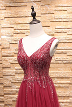 Sparkly Prom Dresses with Slit Aline V-neck  Beaded Brush Train Long Burgundy Prom Dress JKL1601|Annapromdress