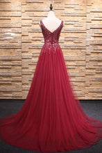 Sparkly Prom Dresses with Slit Aline V-neck  Beaded Brush Train Long Burgundy Prom Dress JKL1601|Annapromdress