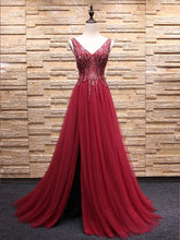 Sparkly Prom Dresses with Slit Aline V-neck  Beaded Brush Train Long Burgundy Prom Dress JKL1601|Annapromdress