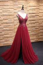 Sparkly Prom Dresses with Slit Aline V-neck  Beaded Brush Train Long Burgundy Prom Dress JKL1601|Annapromdress