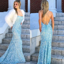 Mermaid Prom Dresses with Straps Open Back Simple Blue Sequins Lace Long Prom Dress JKL1603|Annapromdress