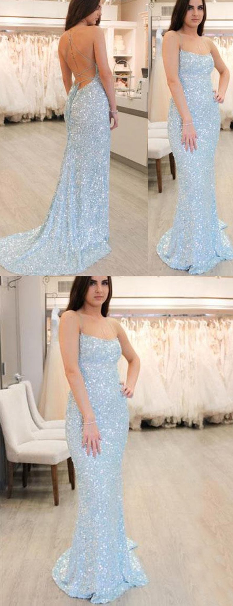 Mermaid Prom Dresses with Straps Open Back Simple Blue Sequins Lace Lo ...