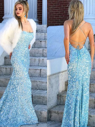 Mermaid Prom Dresses with Straps Open Back Simple Blue Sequins Lace Long Prom Dress JKL1603|Annapromdress